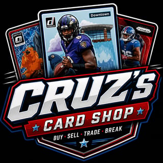 Cruzs Card Shop logo featuring football player cards and trading card imagery with buy sell trade break text